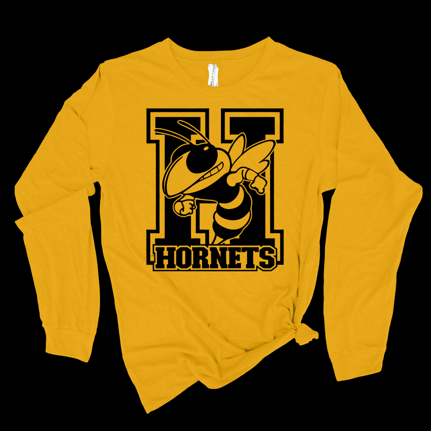 A yellow long-sleeve t-shirt with a black graphic of a hornet mascot inside a large letter 'H' and the word 'HORNETS' printed on the front, shown against a solid black background.