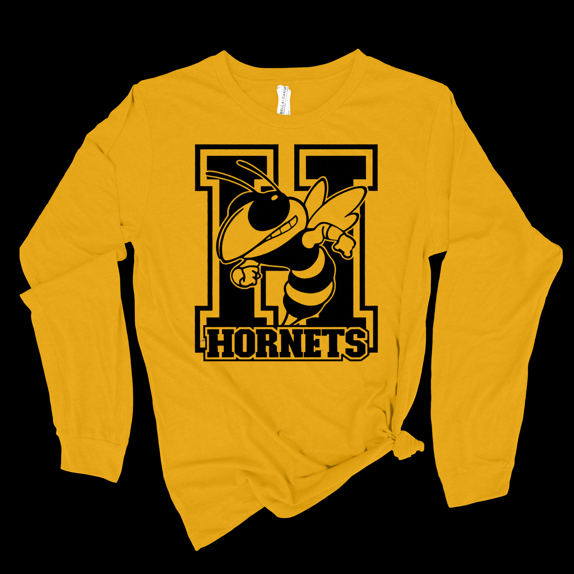 A yellow long-sleeve t-shirt with a black graphic of a hornet mascot inside a large letter 'H' and the word 'HORNETS' printed on the front, shown against a solid black background.