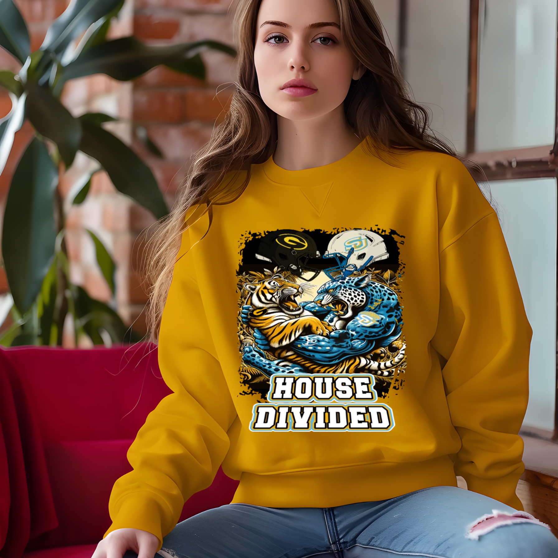 House Divided GSU Grambling State vs SU Southern University Bayou Classic 2024 Golden Yellow Crewneck Sweater