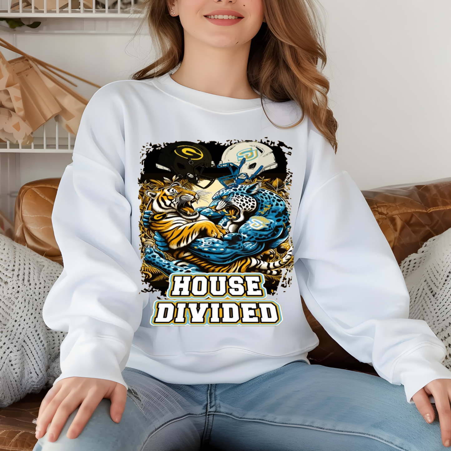 House Divided GSU Grambling State vs SU Southern University Bayou Classic 2024 White Crewneck Sweater