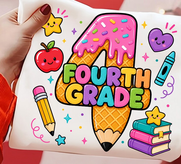 A white fabric item, likely a pouch or bag, held by a hand. The fabric features a colorful cartoon graphic celebrating a child's fourth birthday, with a large ice cream cone shaped number 4, the words 'FOURTH GRADE' in bubbly letters, and school-themed illustrations including an apple, pencil, crayon, books, and stars.
