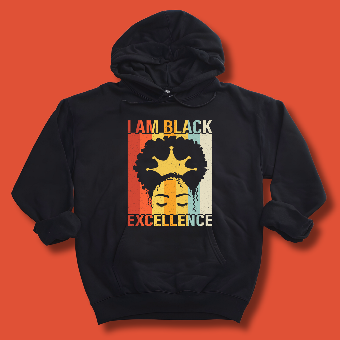 Black hoodie with 'I AM BLACK EXCELLENCE' graphic on an orange background