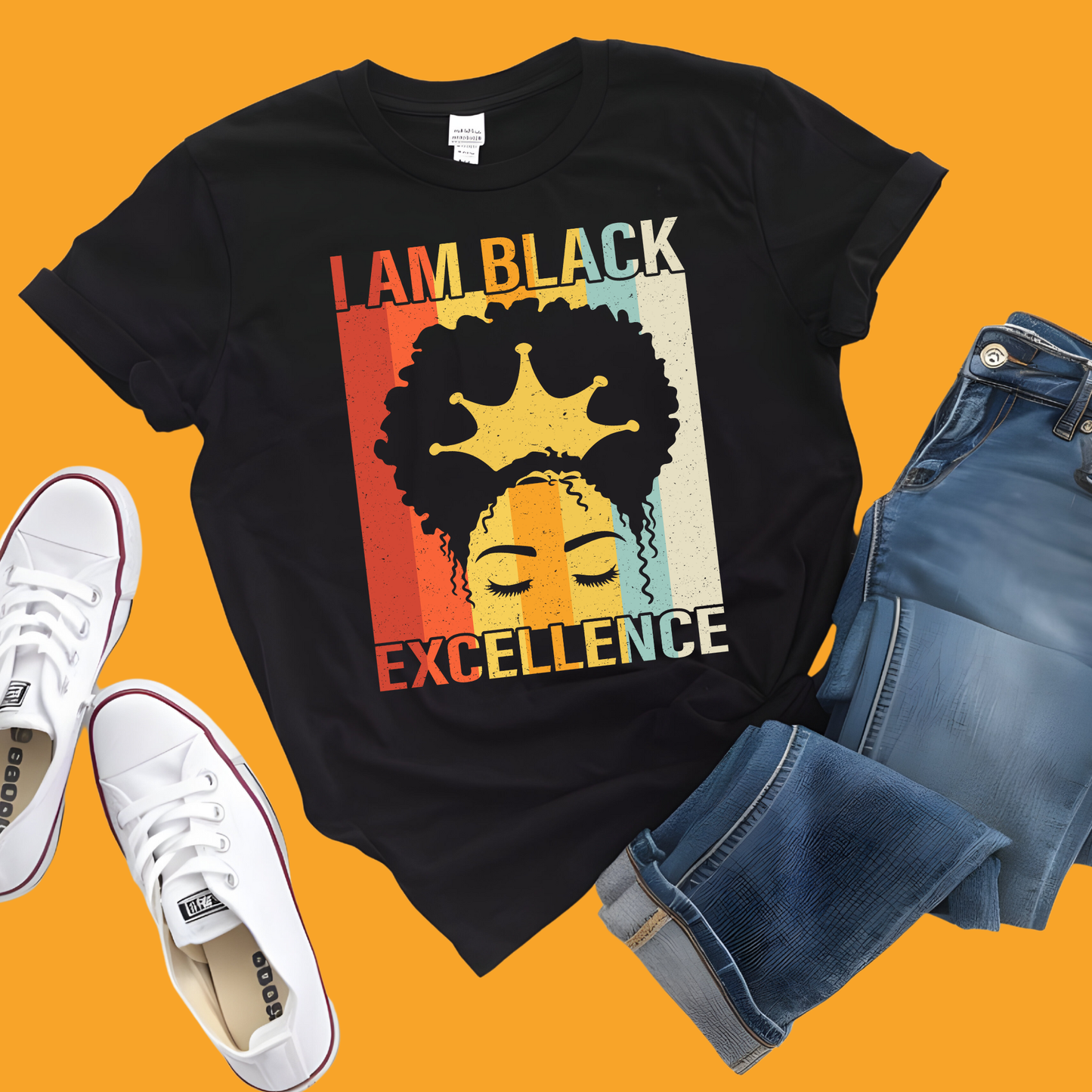 Black t-shirt with 'I AM BLACK EXCELLENCE' design, white sneakers, and blue jeans on a yellow background