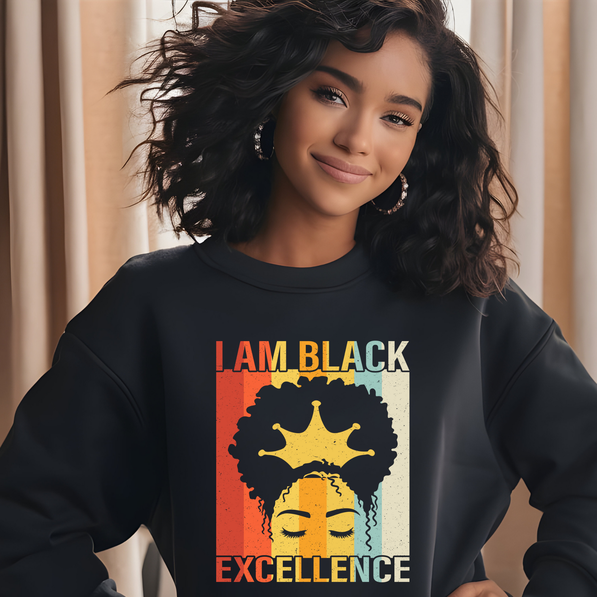 I am black excellence women's black crewneck sweatshirt sweater to embrace and showcase black self-love and display black pride in out black culture
