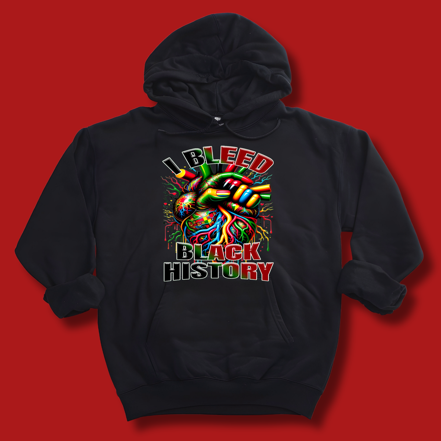 Black hoodie with colorful design and text on a red background