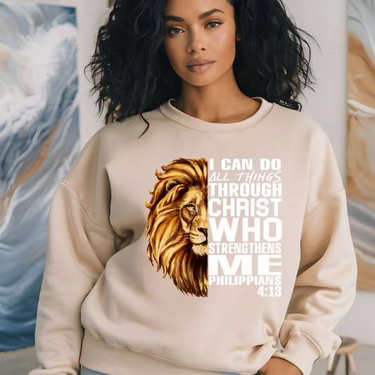 Women wearing a beige Christian faith sweater with "I can do all things through Christ who strengthens me" and Lion of Judah design. Inspirational Christian sweatshirt
