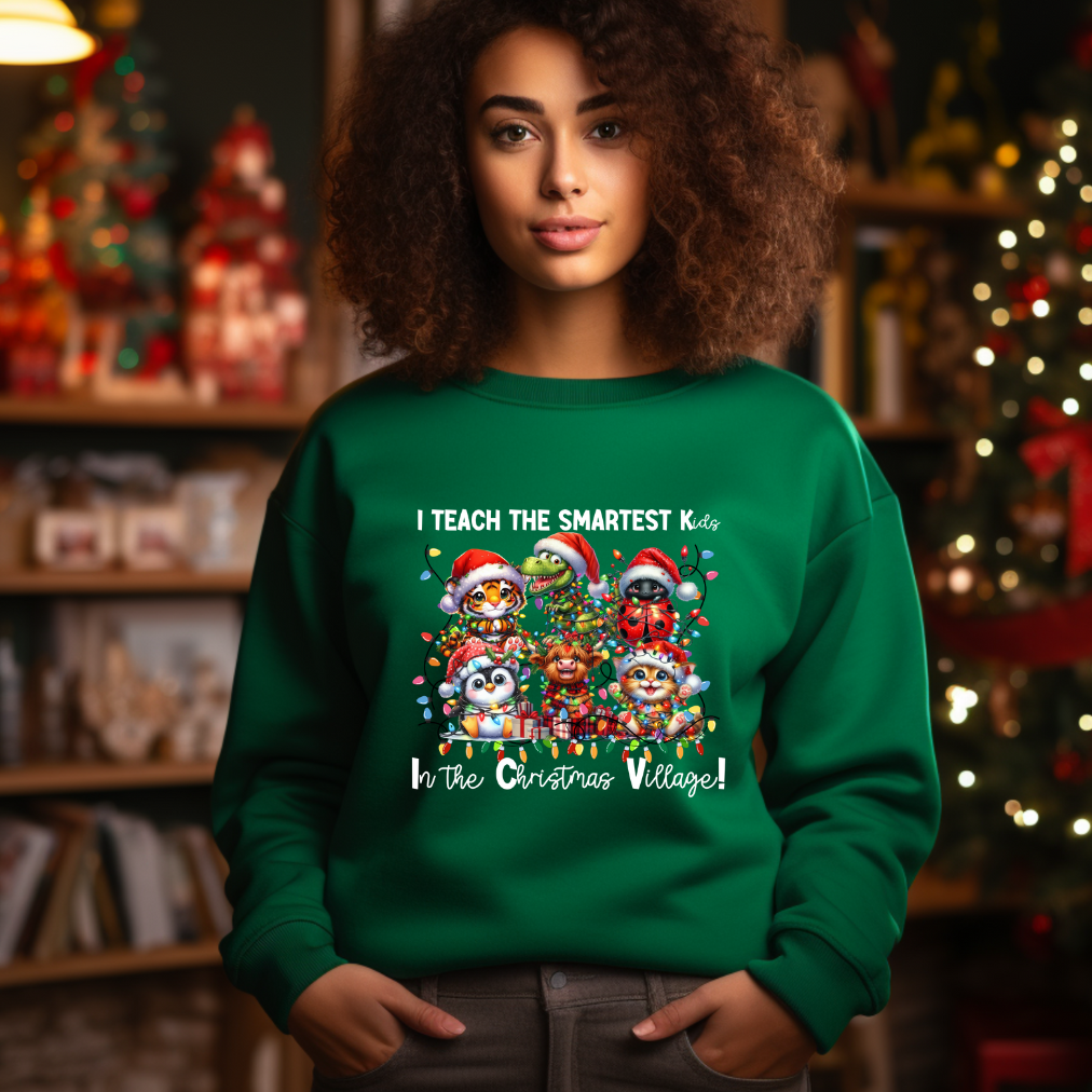 Baby Animals Teacher Christmas Sweater "I Teach the Smartest Kids in Santa's Workshop" Teacher Green Oversized Matching Crewneck Sweatshirt