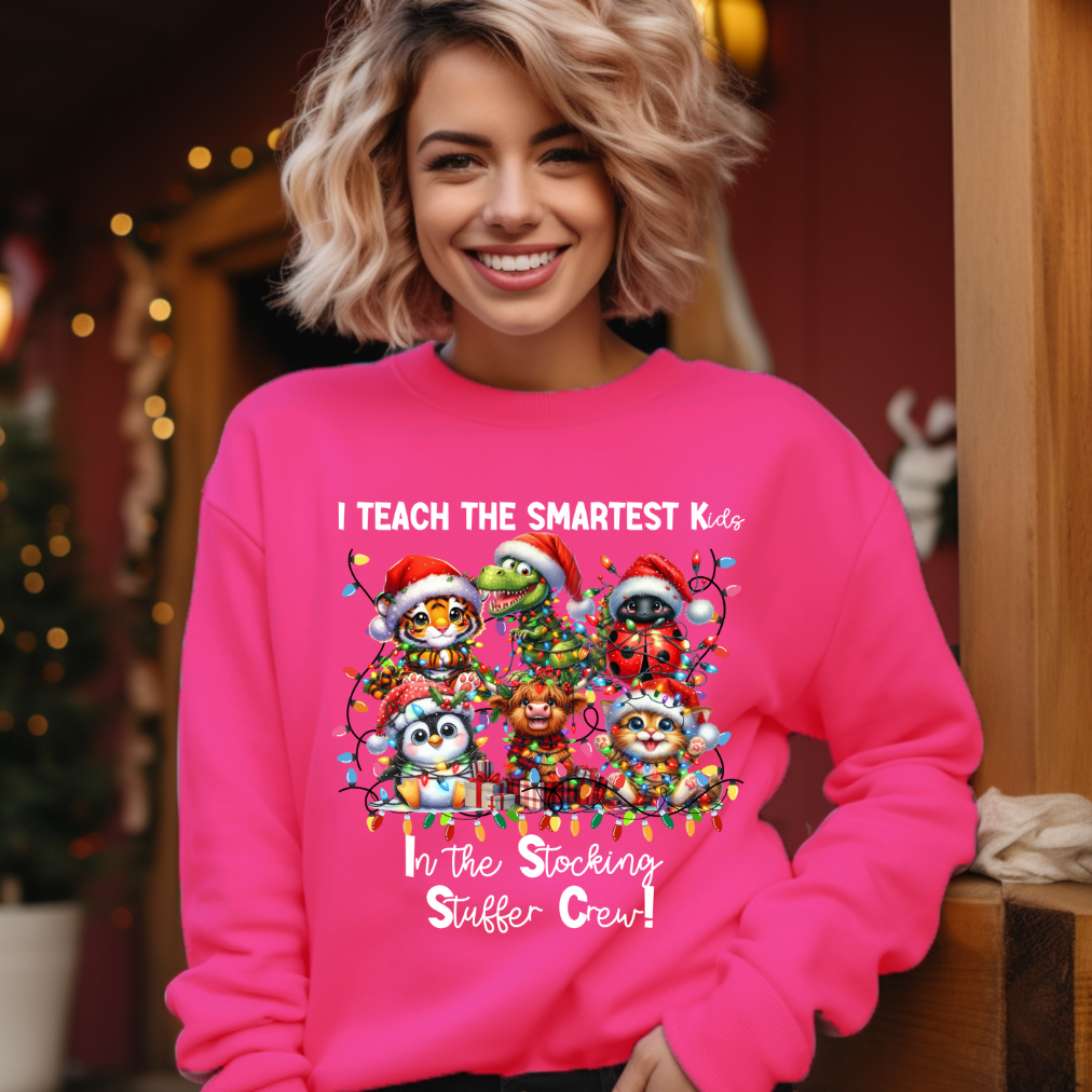 Funny Teacher Christmas Sweater "I Teach the Smartest Kids in Santa's Workshop" Teacher Pink Oversized Matching Crewneck Sweatshirt