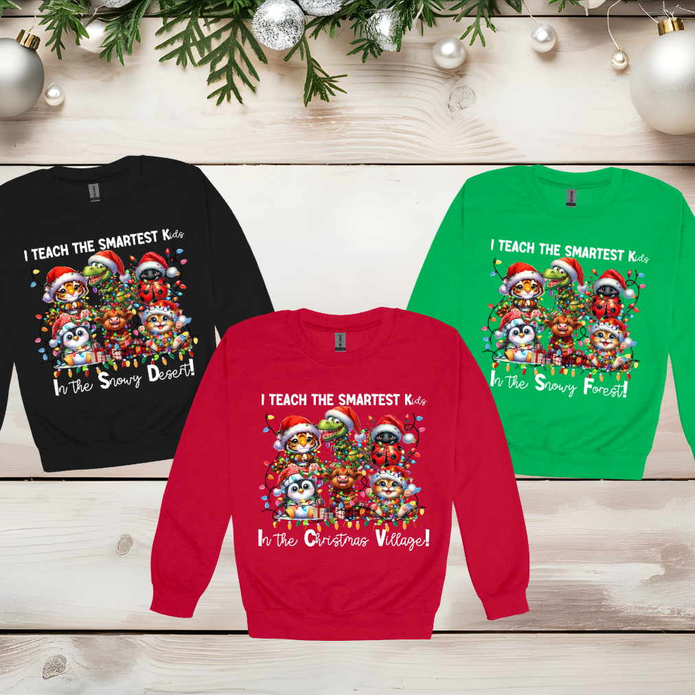 Baby Animals Teacher Christmas Sweater "I Teach the Smartest Kids in Santa's Workshop" Teacher Green Oversized Matching Crewneck Sweatshirt