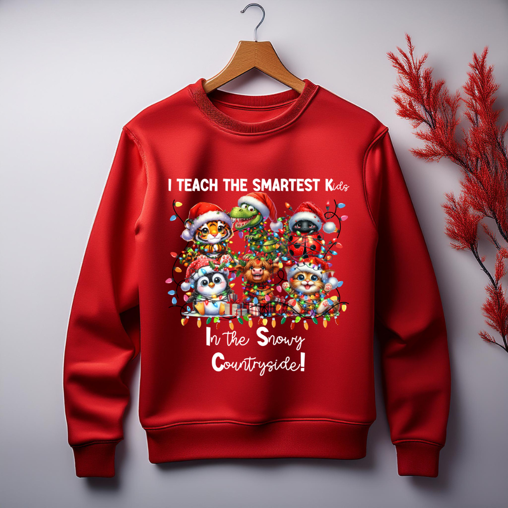 Baby Animals Teacher Christmas Sweater "I Teach the Smartest Kids in Santa's Workshop" Teacher Red Oversized Matching Crewneck Sweatshirt