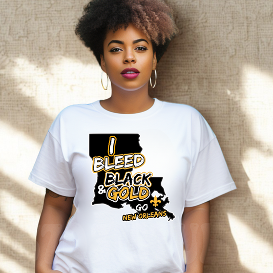 Person wearing a white t-shirt with 'I Bleed Black & Gold Go New Orleans' design. New Orleans Football "I Bleed Black and Gold" Louisiana Game Day Unisex T-Shirt