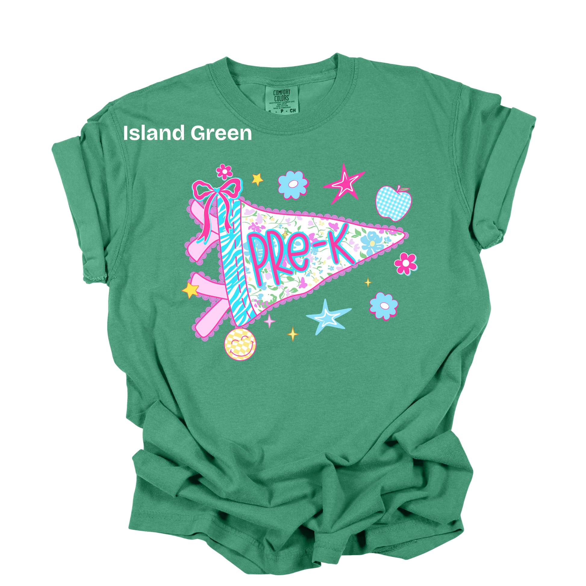 A green short-sleeve t-shirt with a colorful 'Pre-K' pennant graphic and the text 'Island Green' printed on the chest, displayed flat against a white background.