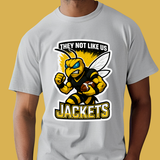 Gray t-shirt with a bee mascot graphic and text on a yellow background Jackets Mascot Shirt - Bold Yellow Jacket They Not Like Us Spirit Tee