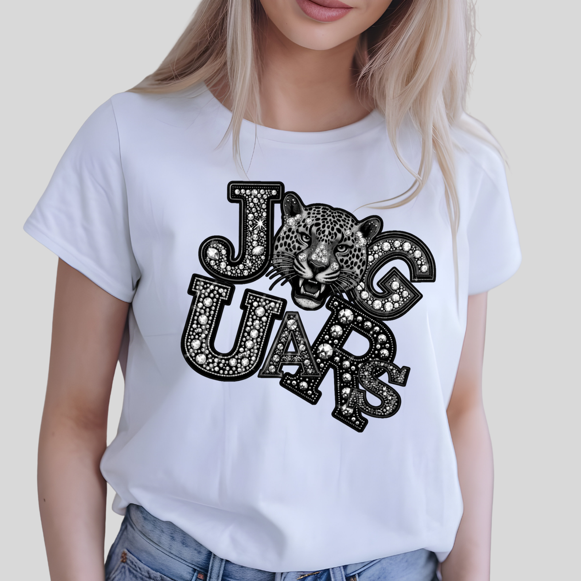 Jaguar Spirit Shirt - Sparkly Bling Jaguar Faux Rhinestone Mascot T-shirt