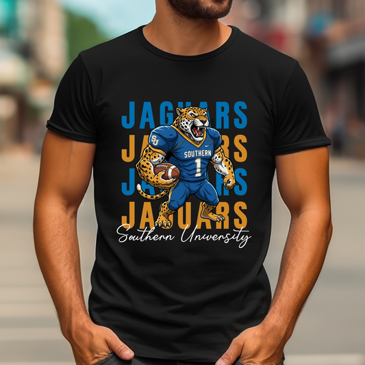 Person wearing a black t-shirt with a Jaguars football design. Southern Jaguars T-Shirt – Southern University Game Day & Homecoming Graphic Tee