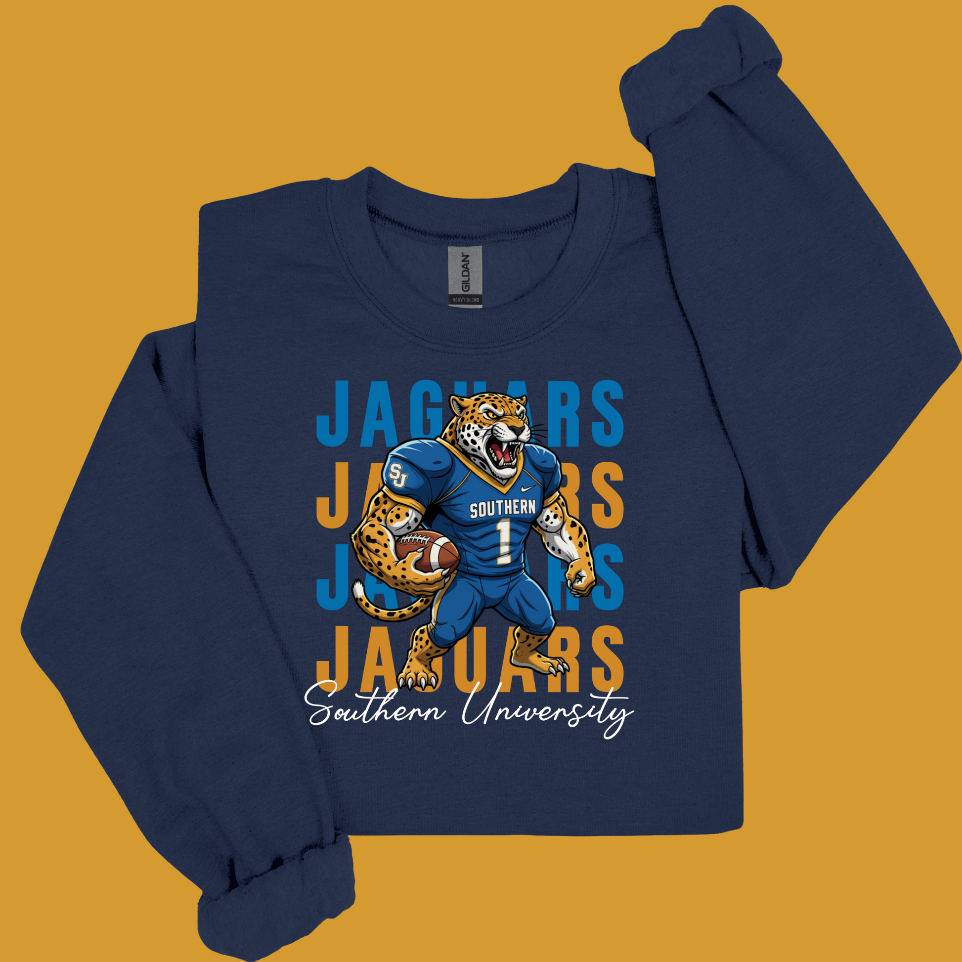 Navy blue long-sleeve shirt with Jaguars graphic on a mustard yellow background Southern Jaguars Sweatshirt: HBCU Game Day Football Cozy Sweater
