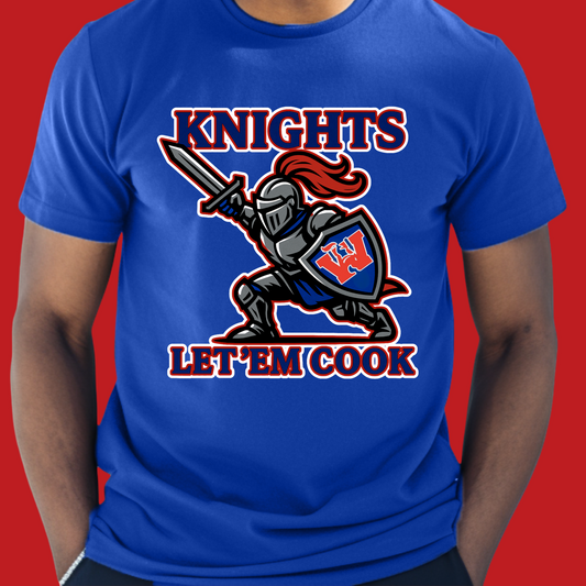 Blue t-shirt with a knight graphic and 'Knights Let 'Em Cook' text on a red background Woodlawn Knights Shirt: "Let'em Cook" Bold Game Day T-Shirt