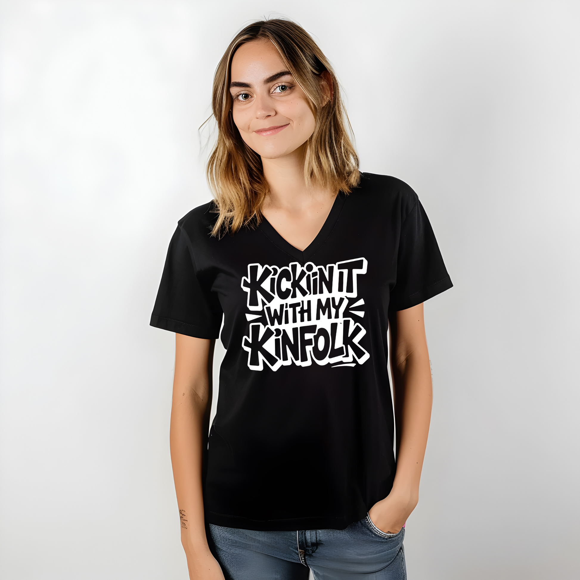 Person wearing a black t-shirt with white text on a plain background