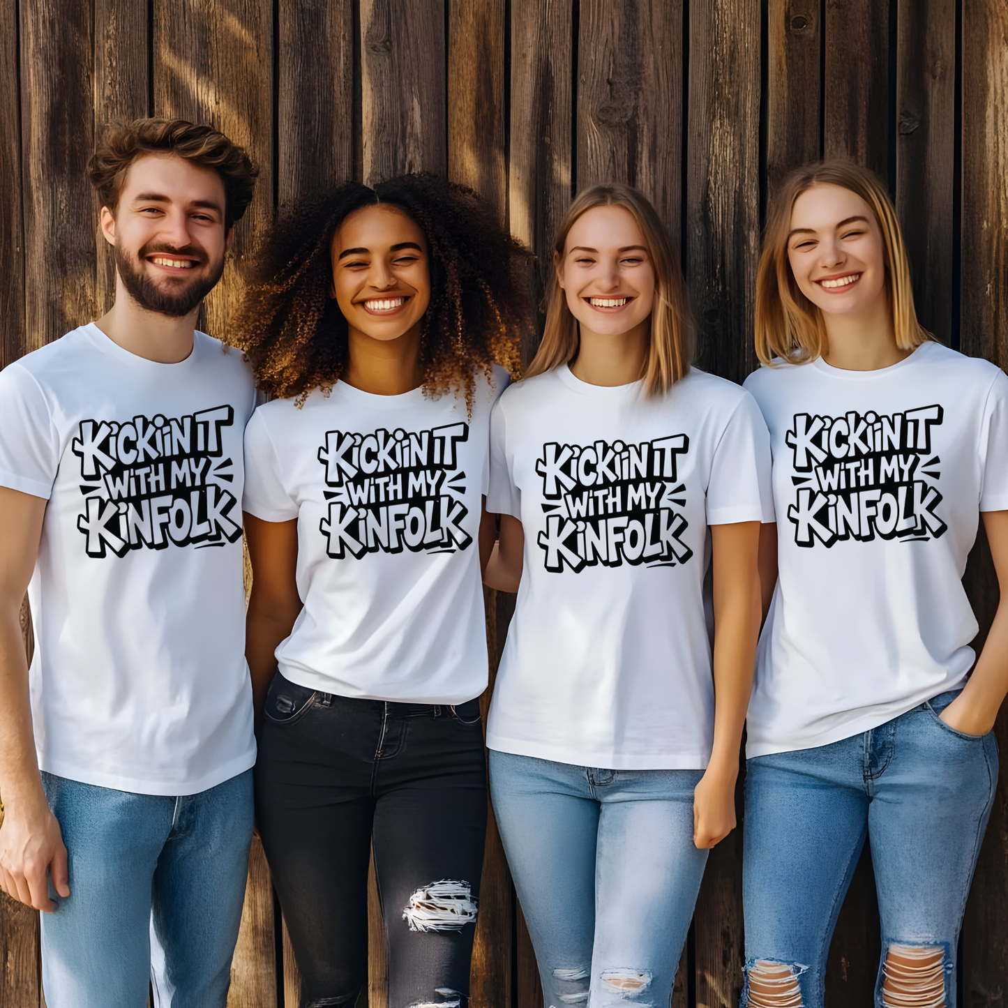 Four people wearing 'Kickin' it with my kinfolk' t-shirts standing against a wooden background.
