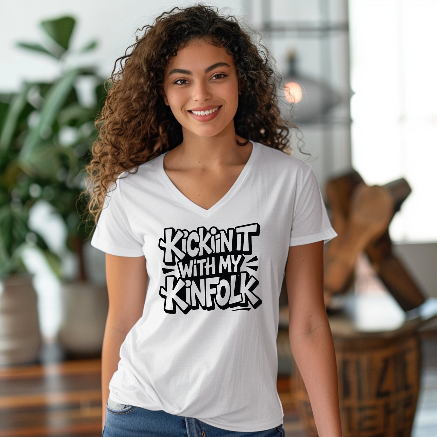 Woman wearing a white t-shirt with text in a casual indoor setting