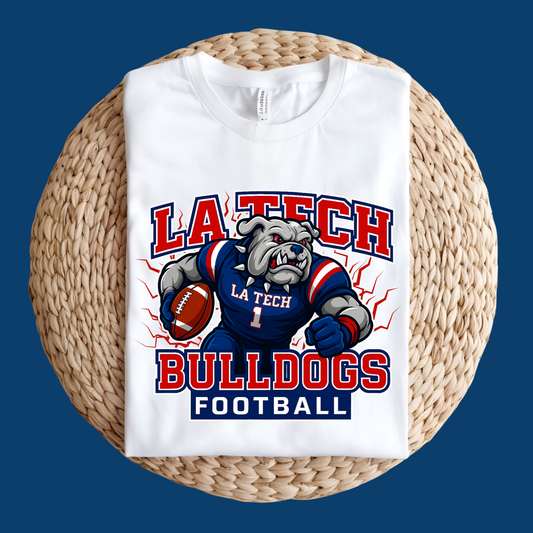 White t-shirt with 'LA Tech Bulldogs Football' graphic on a woven surface  LA TECH Bulldogs Football T-Shirt - Fierce Louisiana Tech Bulldogs Game Day Tee
