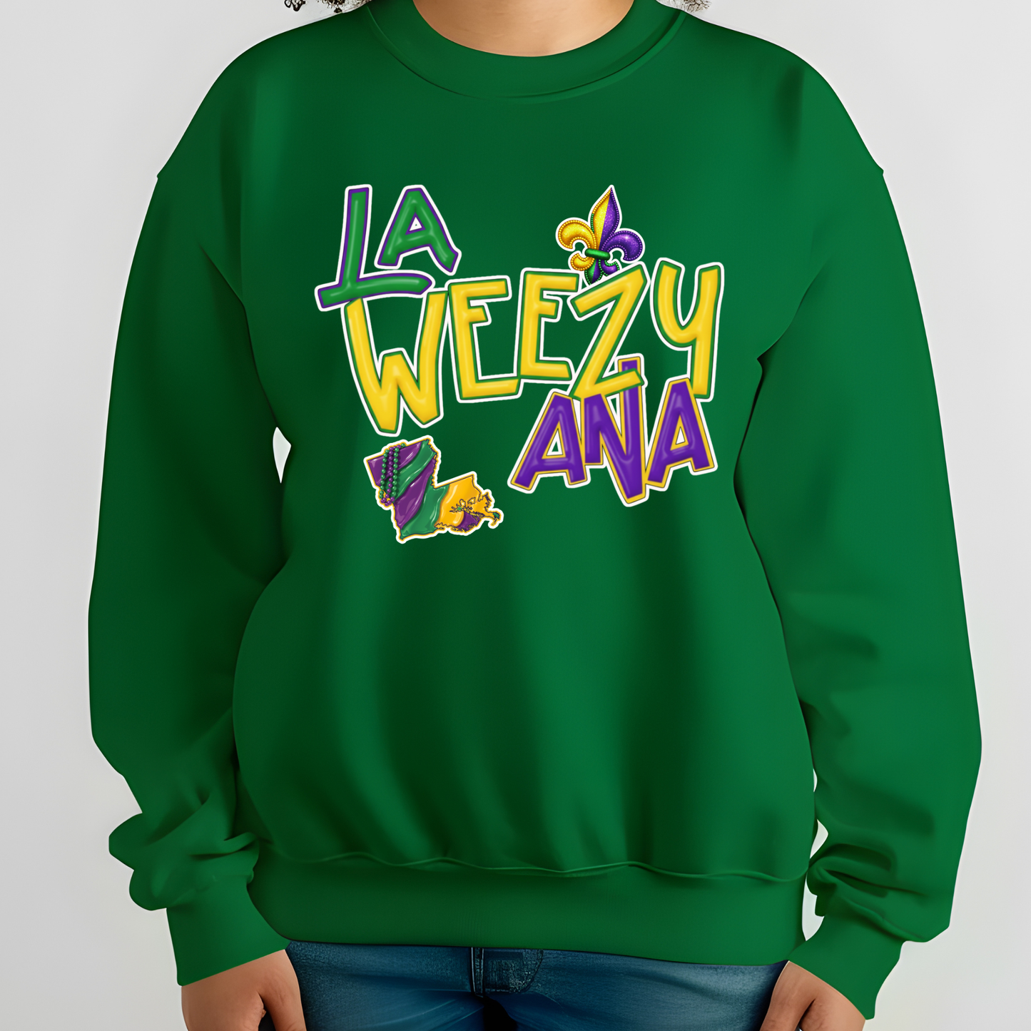 Green sweatshirt with colorful text and graphics on a white background