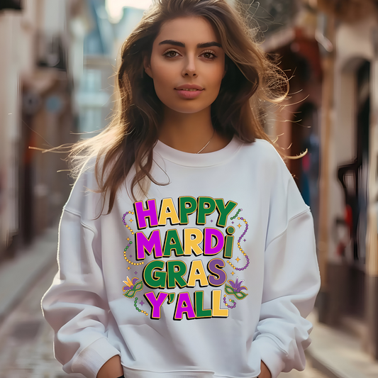 Ladies' Mardi Gras Sweater - Happy Mardi Gras Y'all to celebrate Fat Tuesday, perfect for parade watching, and carnival season shirts