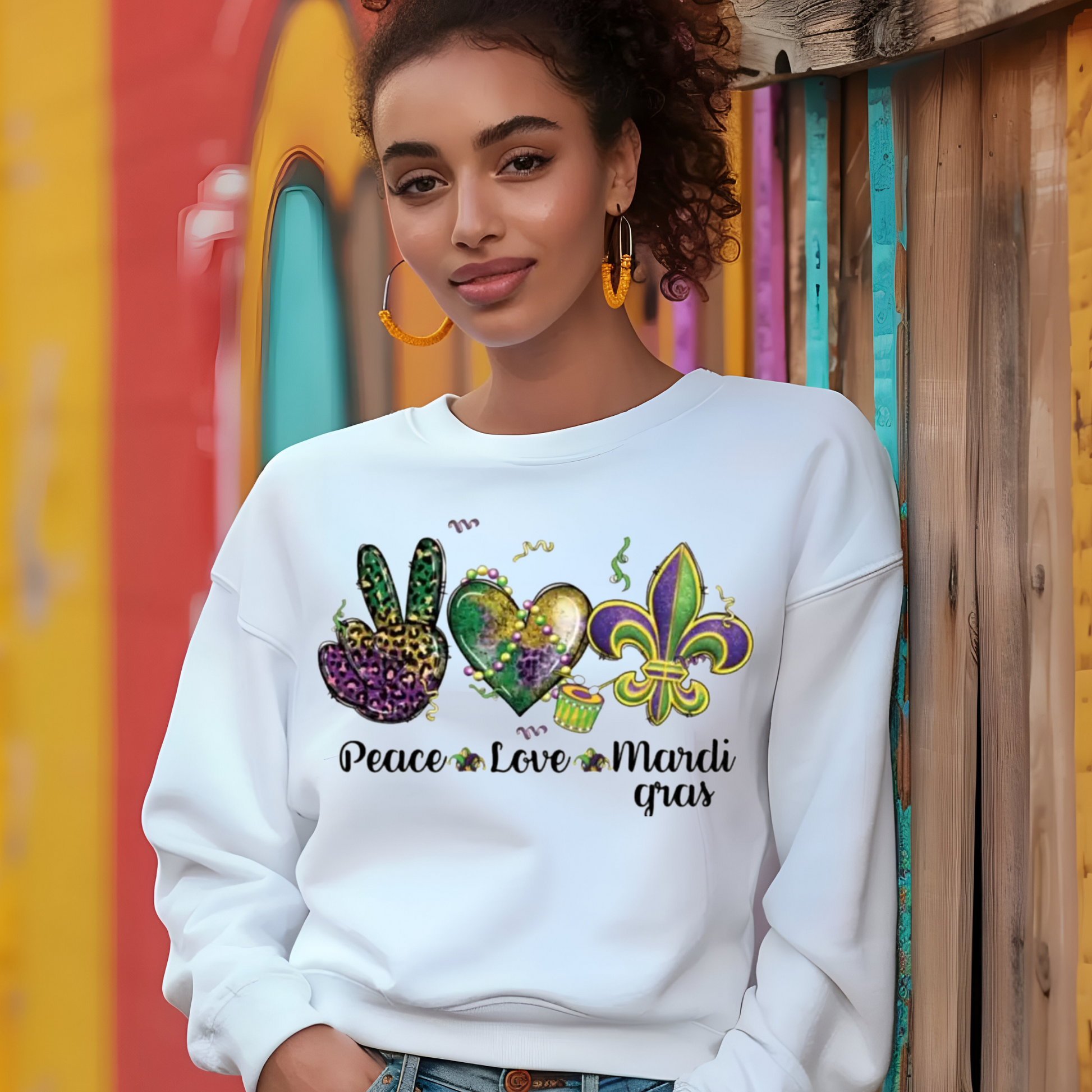 Ladies Mardi Gras Sweater with the words "Peace Love Mardi Gras" on a White Soft Cotton Women's Crewneck Mardi Gras Sweatshirt sweater