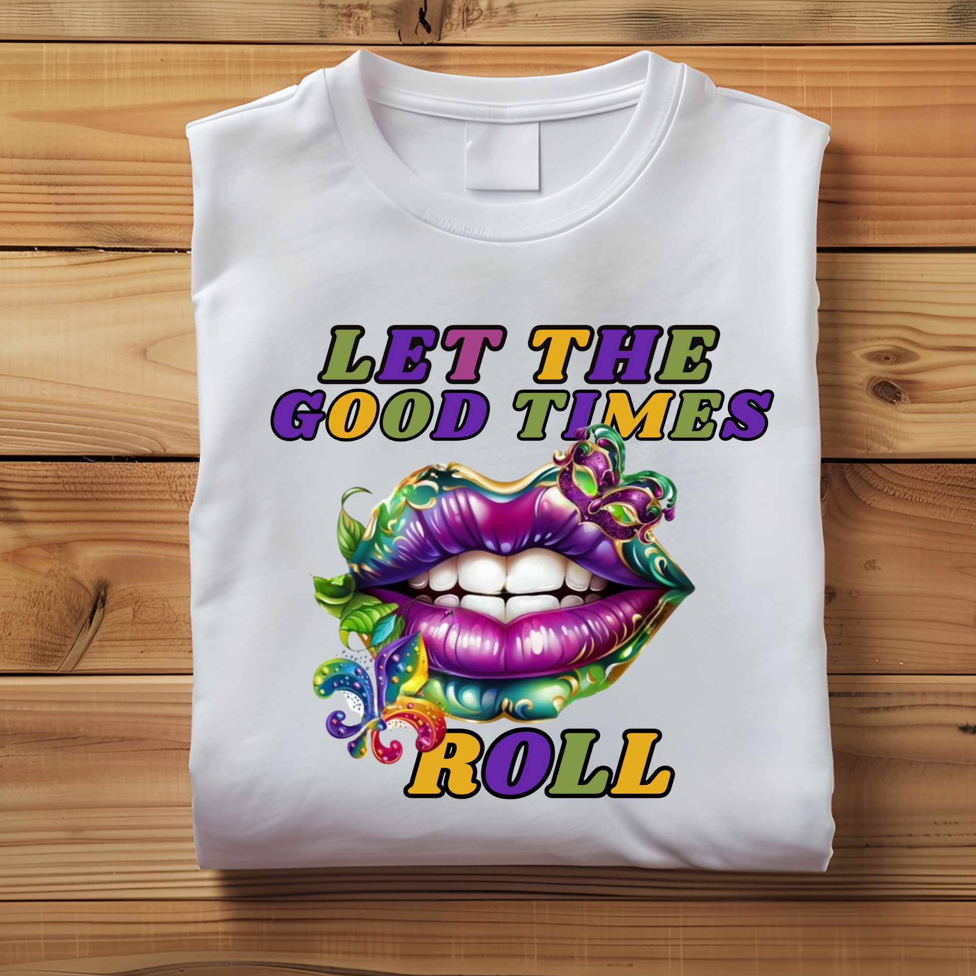 women wearing Vibrant and colorful Mardi Gras lips design on a t-shirt, capturing the festive spirit with bold and playful imagery for Mardi gras parades and festival