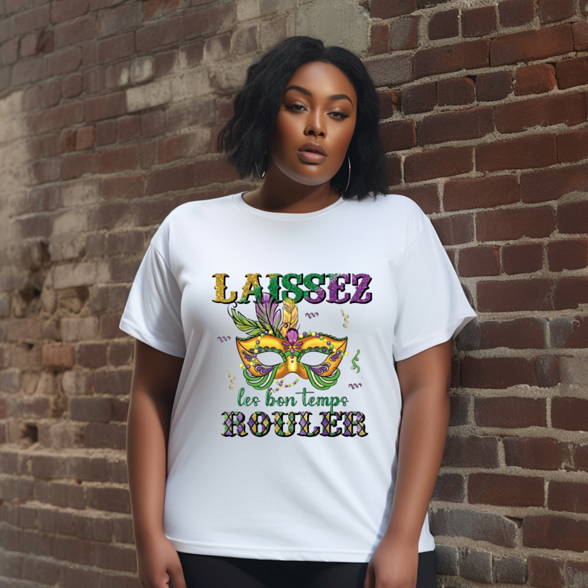 Women wearing White Tshirt tee to celebrate Mardi Gras Festivals and Parades and Carnival parades in New Orleans and Mobile Alabama  in this women's Mardi gras shirt