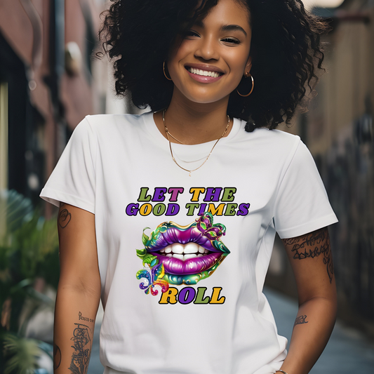 women wearing Vibrant and colorful Mardi Gras lips design on a t-shirt, capturing the festive spirit with bold and playful imagery for Mardi gras parades and festival