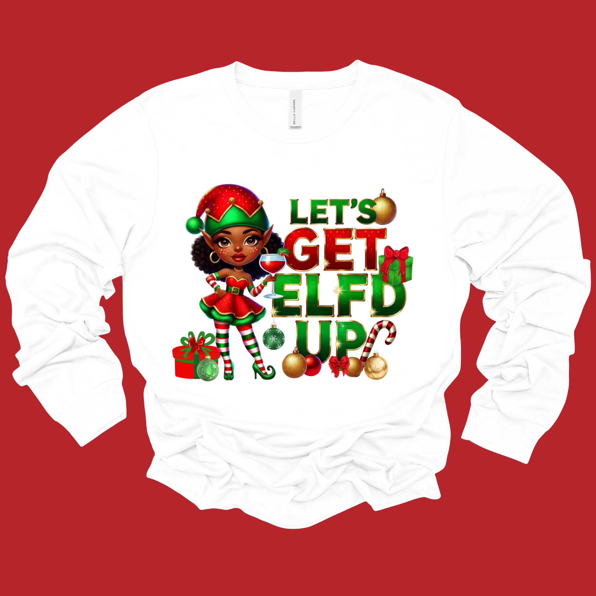 White sweatshirt with Christmas-themed design featuring an elf and text on a red background