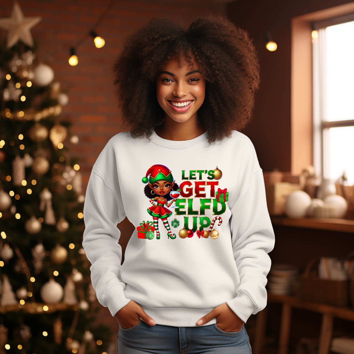 Woman wearing a white sweatshirt with a Christmas-themed design in a festive setting.