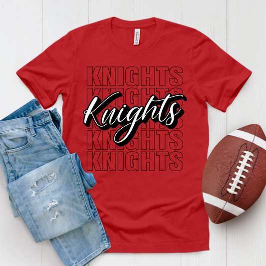 Red t-shirt with 'Knights' text, blue jeans, and football on a white background Knights School Spirit Shirt - Knights Cursive Stacked - School Pride T-Shirt