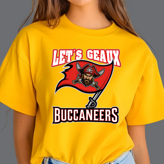 Yellow t-shirt with 'Let's GEAUX Buccaneers' design featuring a pirate flag and bearded man.  Let's Geaux Buccaneers Unisex Jersey Tee, Game Day Shirt for Students, Teachers, Super Fans & Alumni