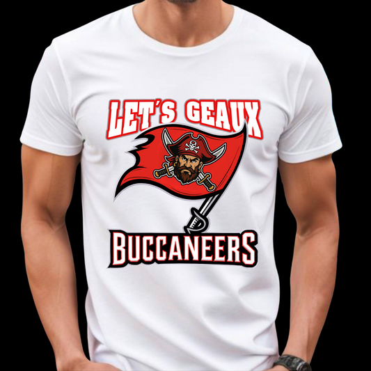 White t-shirt with 'Let's Geaux Buccaneers' design featuring a pirate flag and skull. Let's Geaux Buccaneers Unisex Jersey Tee, Game Day Shirt for Students, Teachers, Super Fans & Alumni