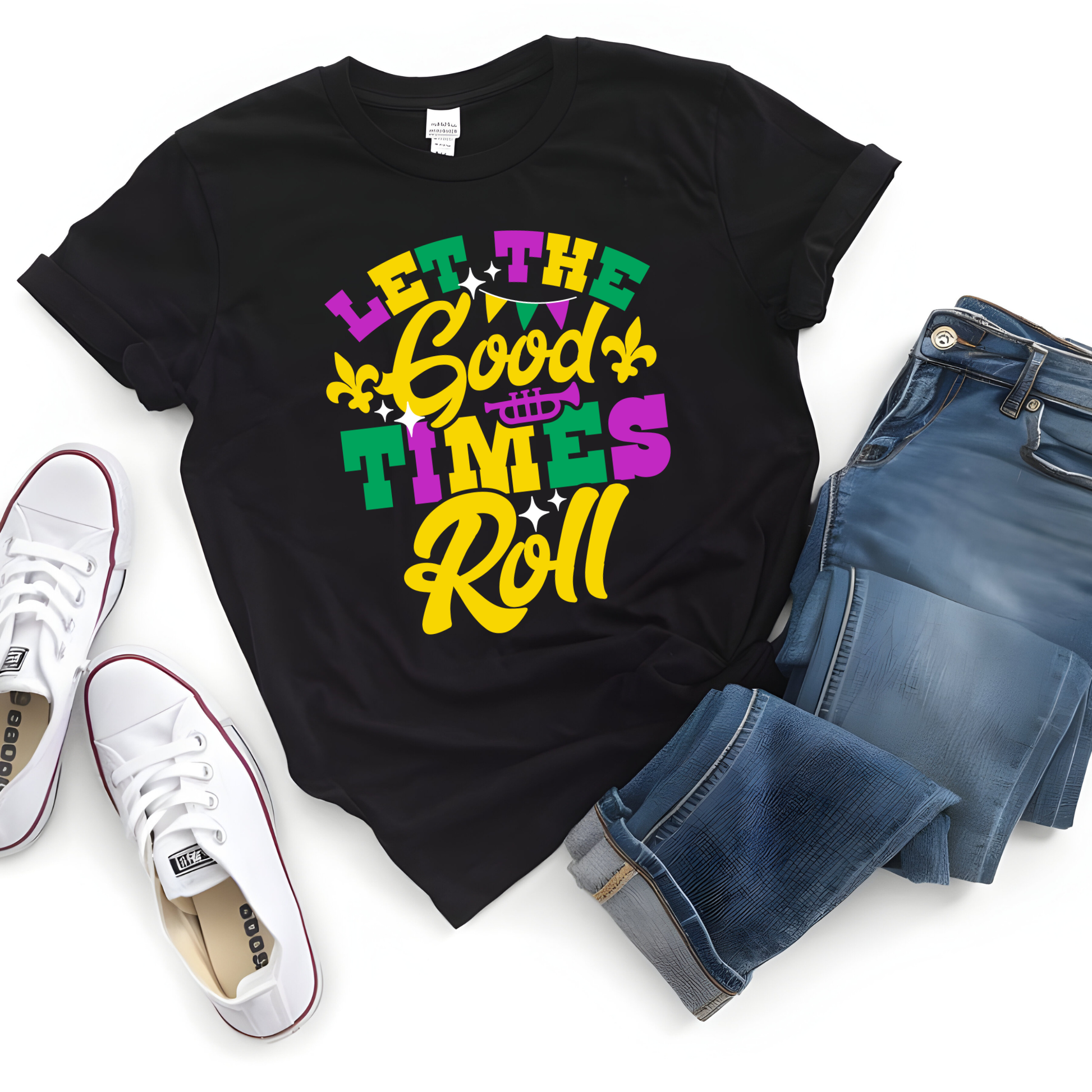 Black t-shirt with colorful 'Let the Good Times Roll' text, paired with white sneakers and blue jeans on a white background.