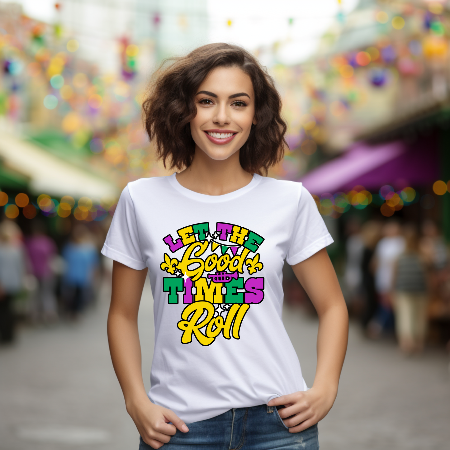 Woman wearing a white t-shirt with colorful text design in an outdoor setting.