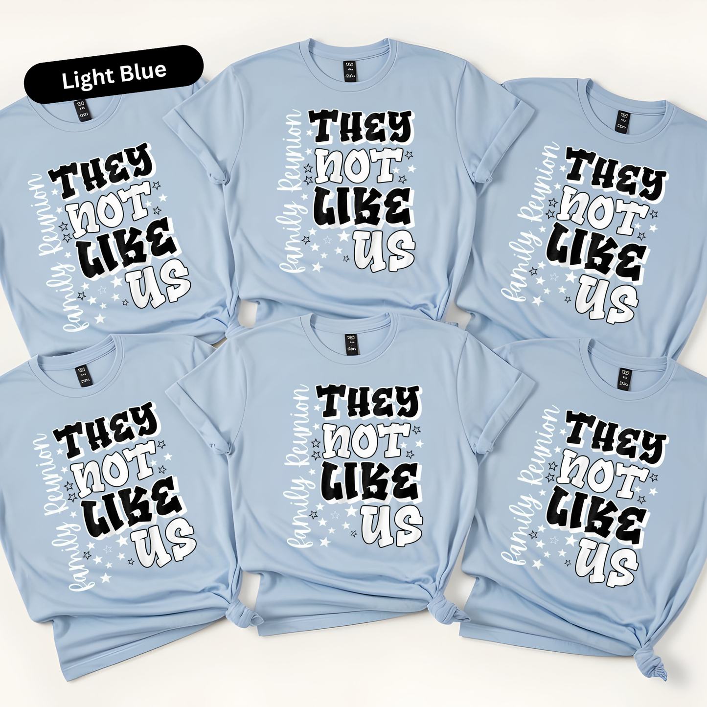 Light blue t-shirts with black and white text on a white background