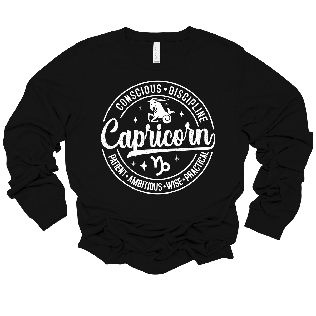 A black long-sleeve crewneck sweatshirt with a white circular graphic on the chest featuring the word 'Libra' and astrological symbols, shown on a plain white background.