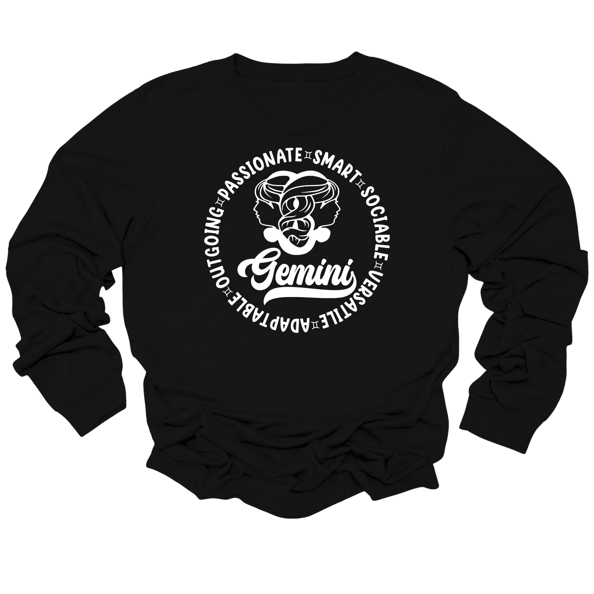 A black long-sleeve crewneck sweatshirt with a white graphic print on the front. The graphic features a circular design with the word 'Gemini' in a stylized font, surrounded by adjectives like 'Passionate', 'Smart', 'Sociable', 'Versatile', and 'Adaptable' arranged in a circle around a central illustrated figure.