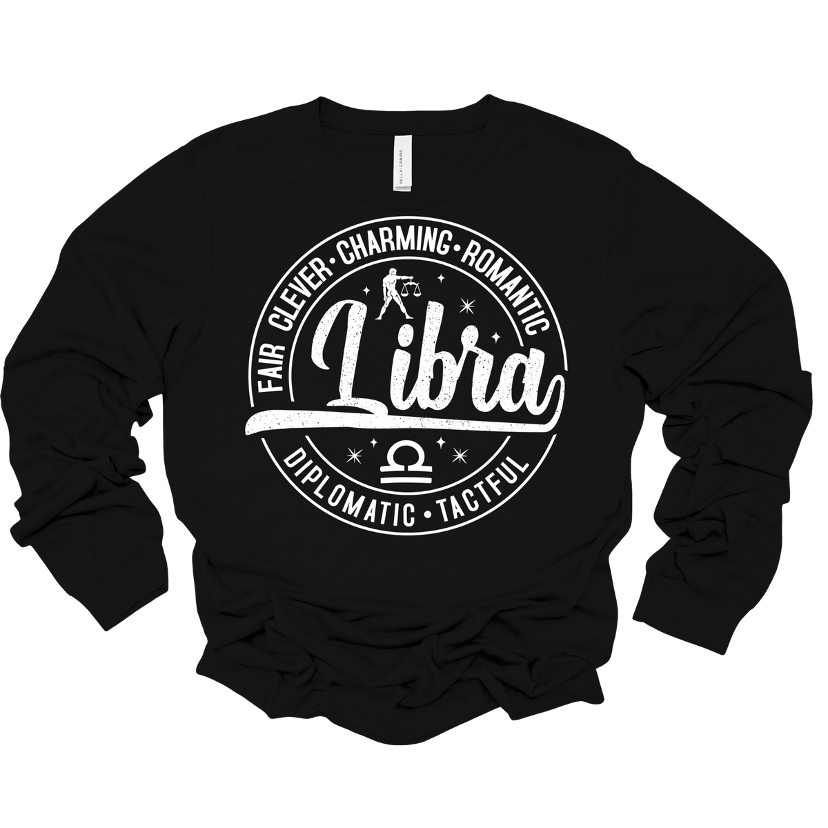 A black long-sleeve crewneck sweatshirt with a white circular graphic on the chest featuring the word 'Libra' and astrological symbols, shown on a plain white background.