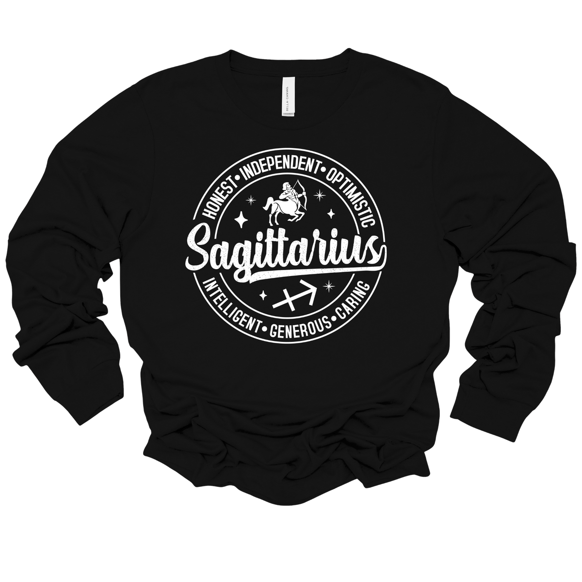 A black long-sleeve crewneck sweatshirt with a white graphic print on the front. The graphic features a circular design with the word 'Virgo' in a script font, surrounded by adjectives like 'HELPER', 'PRACTICAL', 'WATERFUL', 'RELIABLE', 'INTELLIGENT', and 'ANALYTICAL', along with a small illustration of a person climbing a mountain and the Virgo zodiac symbol.