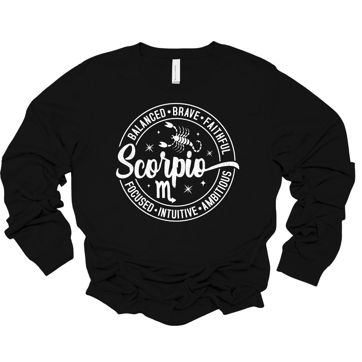 A black long-sleeve crewneck sweatshirt with a white graphic print on the front. The graphic features a circular design with the word 'Virgo' in a script font, surrounded by adjectives like 'HELPER', 'PRACTICAL', 'WATERFUL', 'RELIABLE', 'INTELLIGENT', and 'ANALYTICAL', along with a small illustration of a person climbing a mountain and the Virgo zodiac symbol.