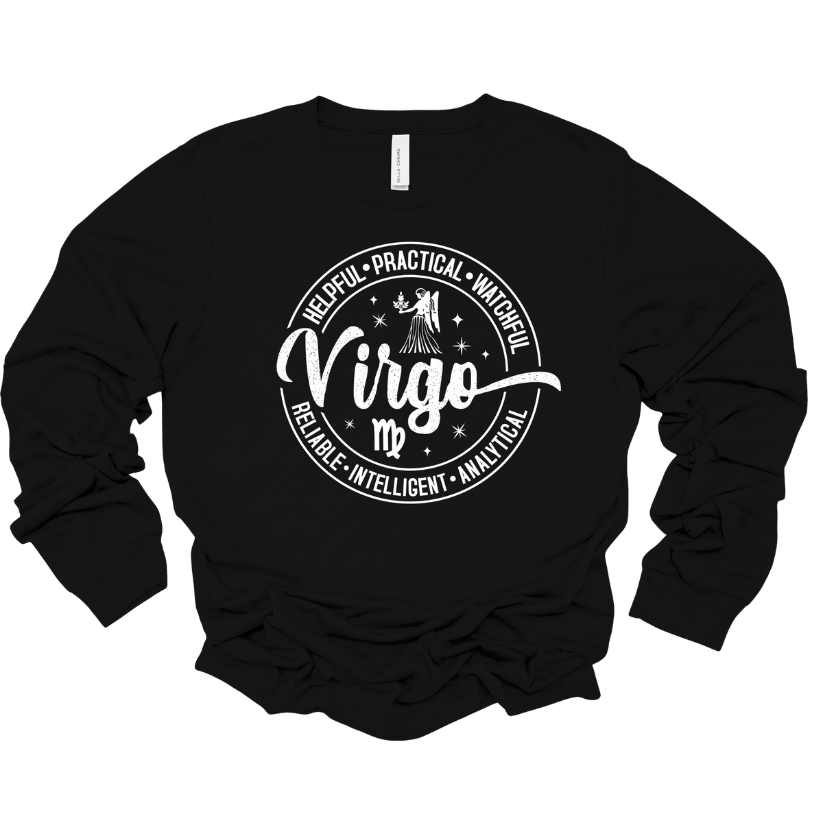 A black long-sleeve crewneck sweatshirt with a white graphic print on the front. The graphic features a circular design with the word 'Virgo' in a script font, surrounded by adjectives like 'HELPER', 'PRACTICAL', 'WATERFUL', 'RELIABLE', 'INTELLIGENT', and 'ANALYTICAL', along with a small illustration of a figure holding a staff.