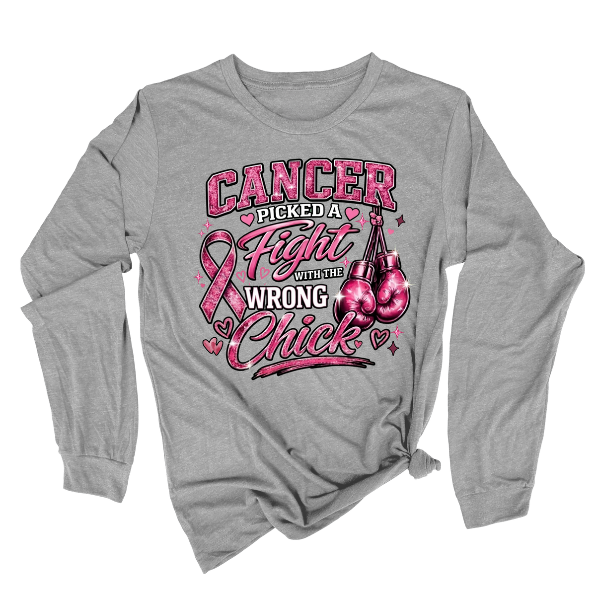 A heather gray long-sleeve t-shirt with a graphic print on the front. The graphic features a Black woman with an afro boxing in pink boxing gloves and a pink bikini, alongside a pink ribbon and the text 'Cancer Messed With The Wrong Queen'.