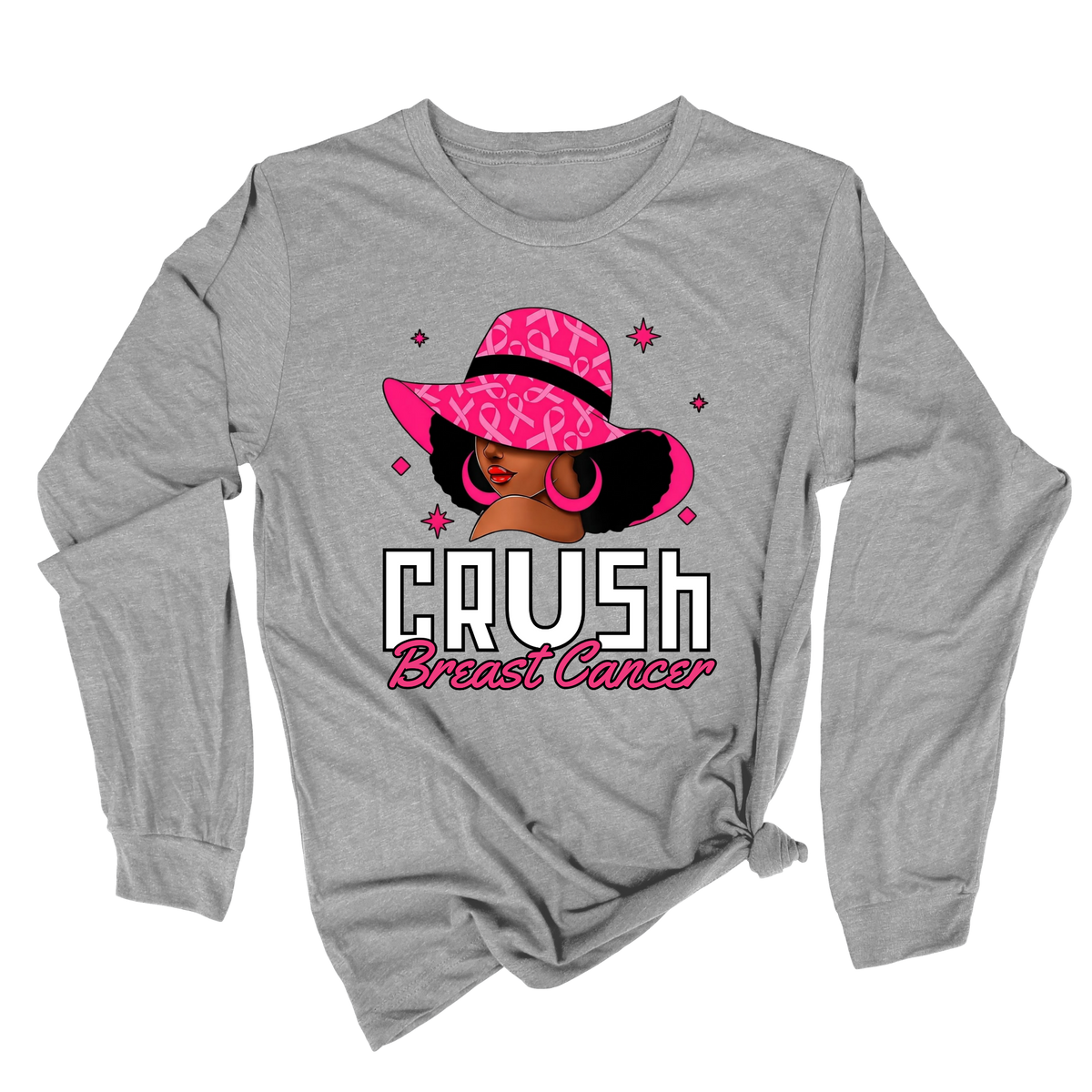 A heather gray long-sleeve t-shirt with a graphic of a woman in a pink leopard-print hat and the text 'CRUSH Breast Cancer' on the front, displayed on a clean white background.