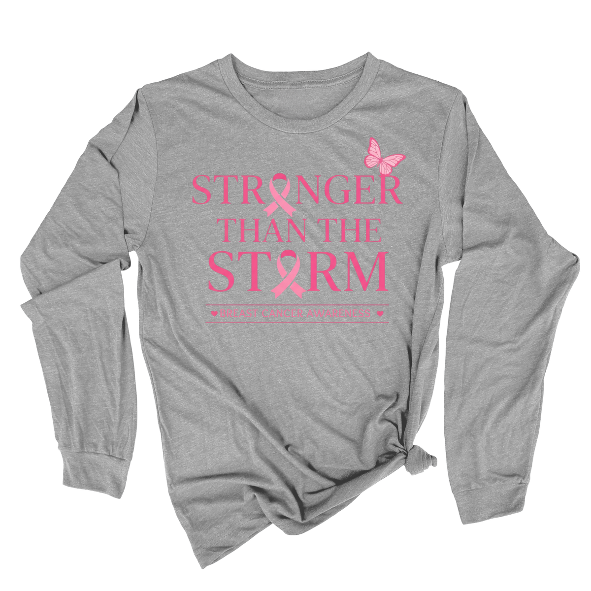 A heather gray long-sleeve t-shirt with a pink graphic print that reads 'STRONGER THAN THE STORM' with pink awareness ribbons, a butterfly, and 'MARCH FOR THE MAYOR' underneath, shown on a plain white background.