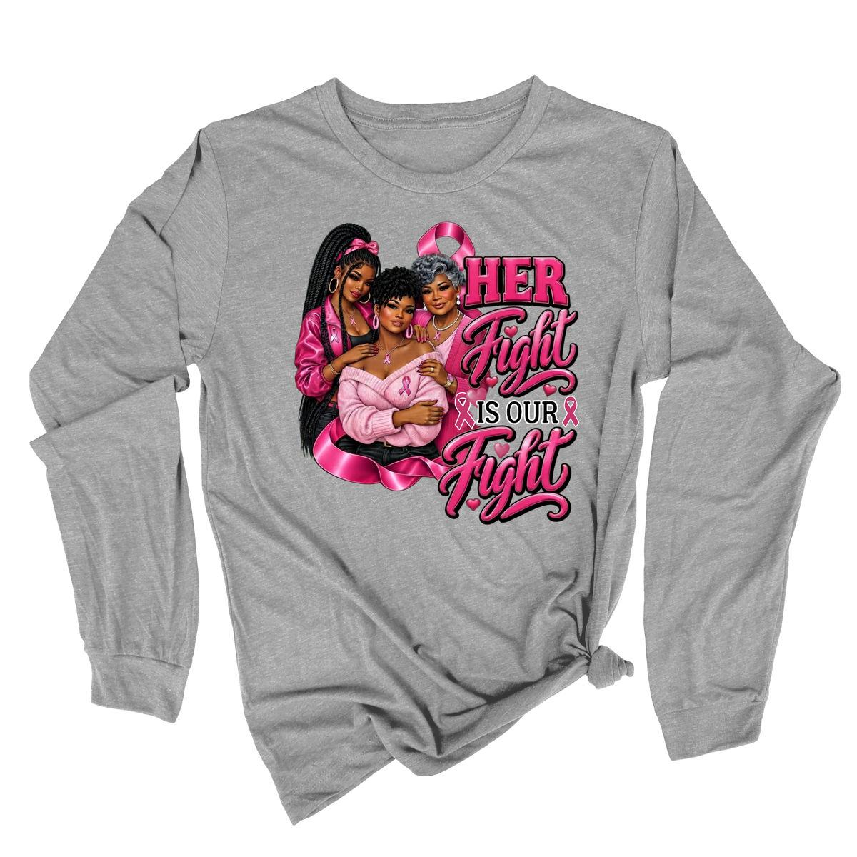 A heather gray long-sleeve t-shirt with a pink graphic on the front featuring a breast cancer ribbon, boxing gloves, and the words 'Breast Cancer WARRIOR'.