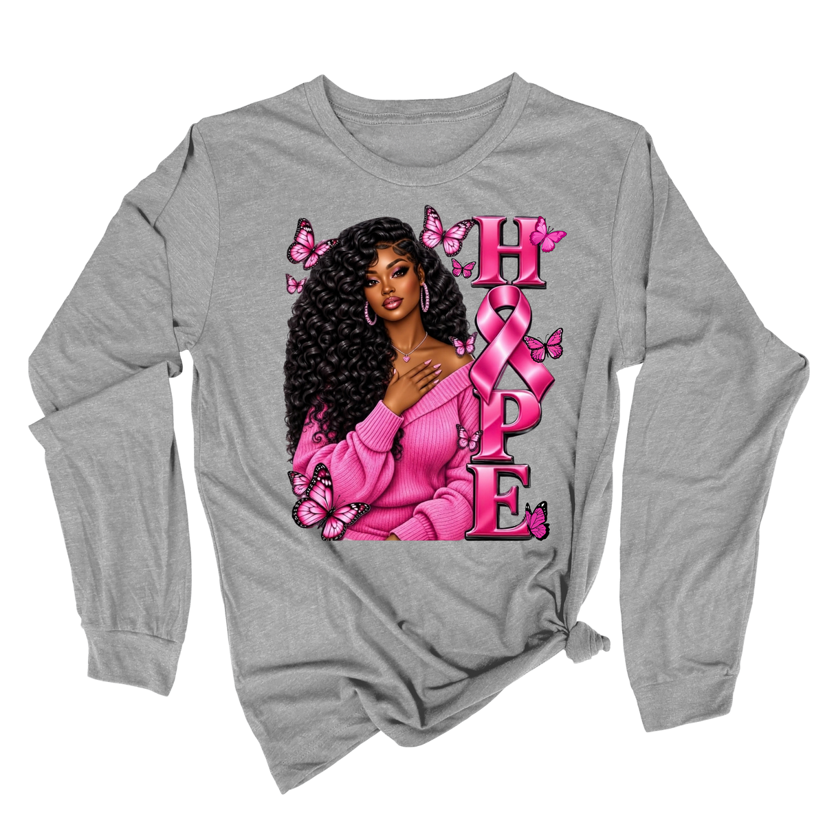 A heather gray long-sleeve t-shirt with a pink graphic on the front featuring a breast cancer ribbon, boxing gloves, and the words 'Breast Cancer WARRIOR'.